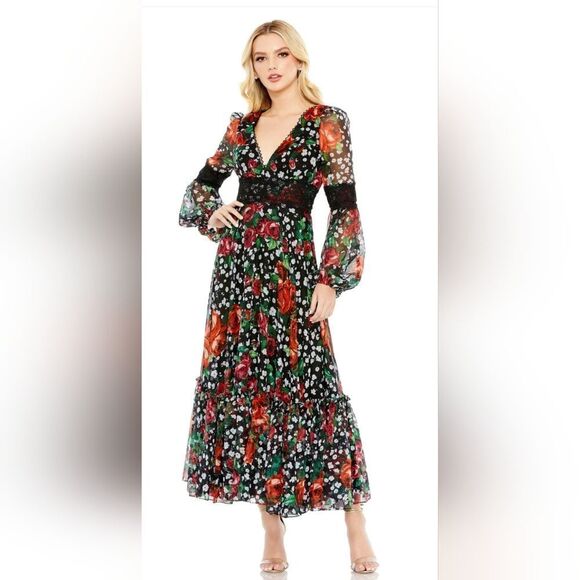 Mac Duggal V-NECK FLORAL LONG PUFF SLEEVE RUFFLE DRESS NWOT size 16 (11402) - Picture 1 of 6